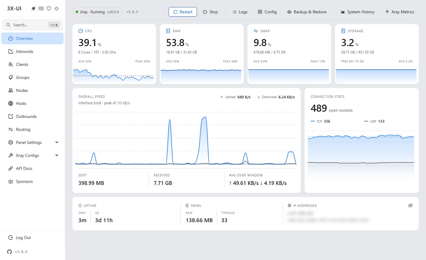3X-UI v3.10.2 panel overview — inbound management and per-client traffic accounting 3X-UI panel overview: inbound list, traffic per client, and node status