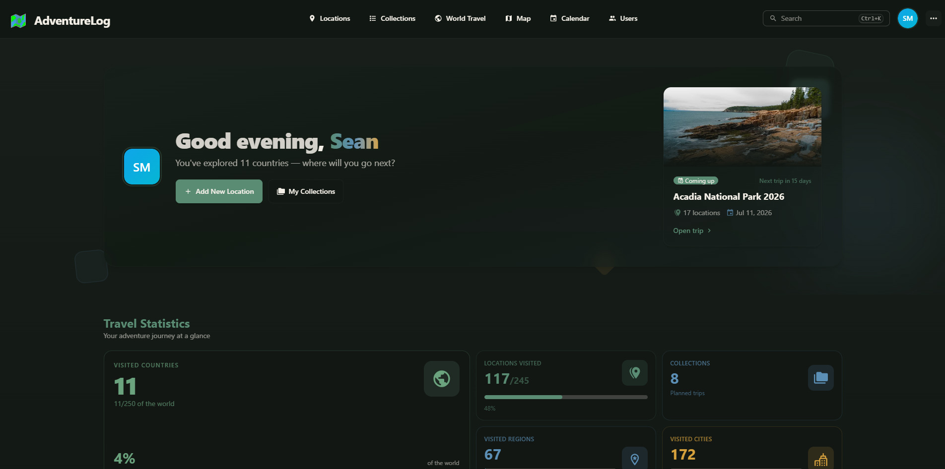 AdventureLog dashboard showing visited countries and trip statistics