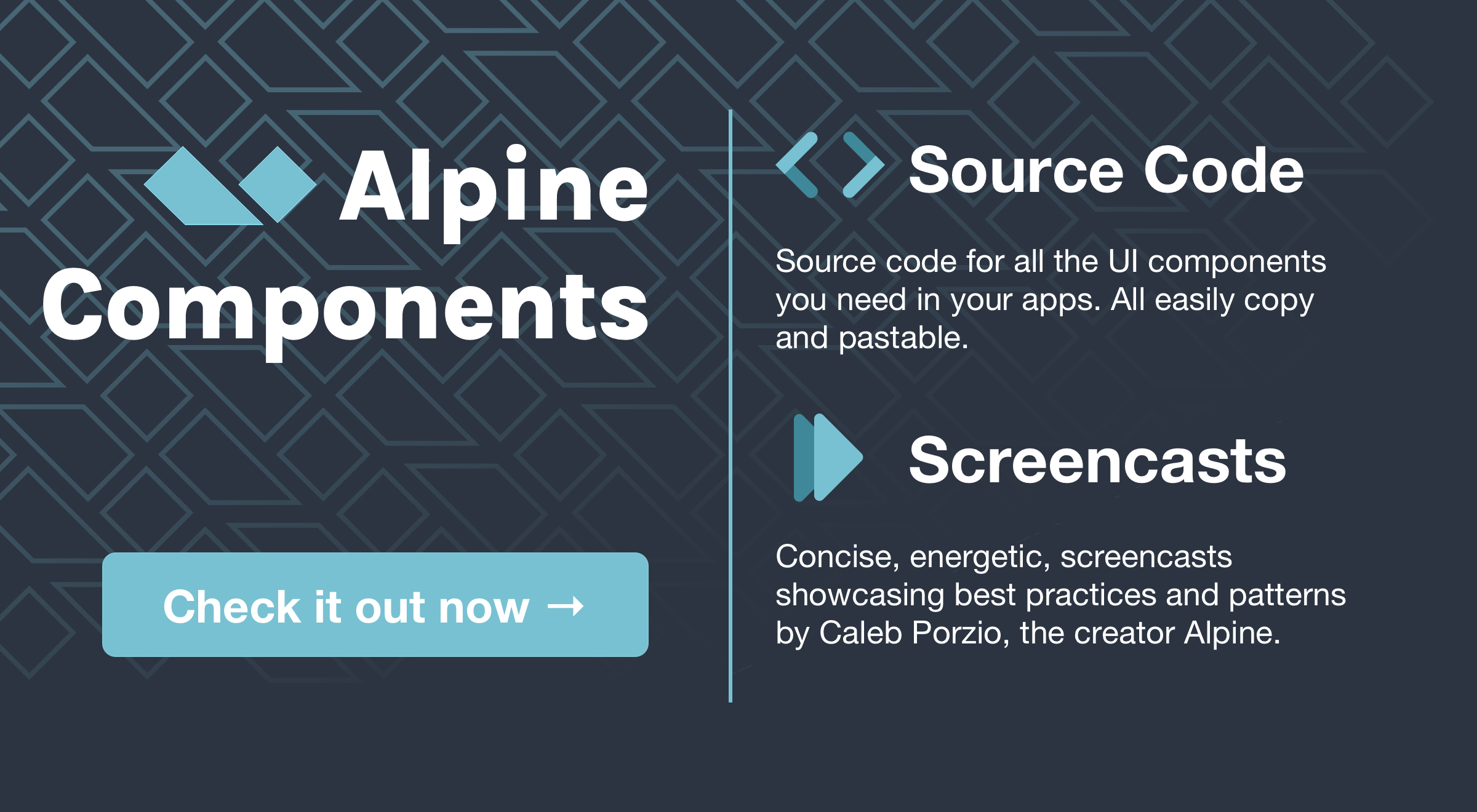 Alpine.js - rugged minimal framework for composing JavaScript behavior in your markup Alpine.js hero image