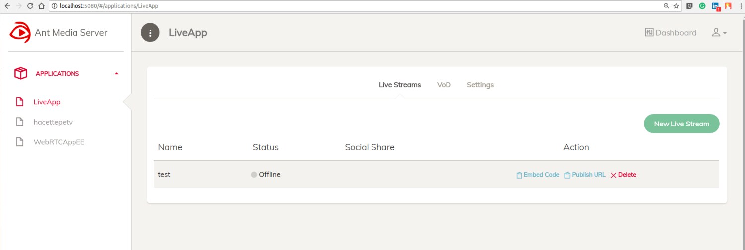 Ant Media Server web console: live stream list, health and per-stream controls Ant Media Server management console showing a live stream entry with publish and play controls