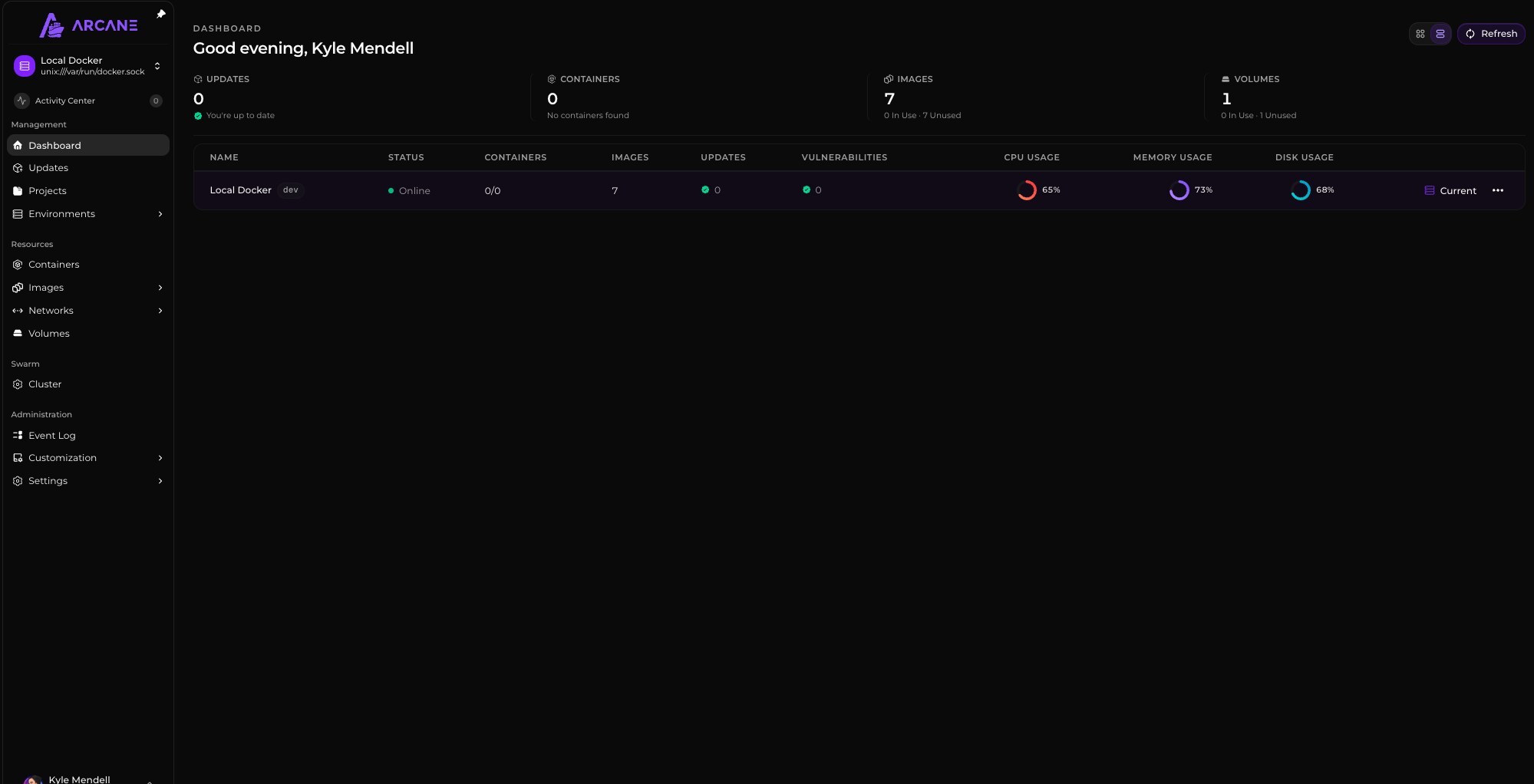 Arcane dashboard showing Docker containers, images and system metrics