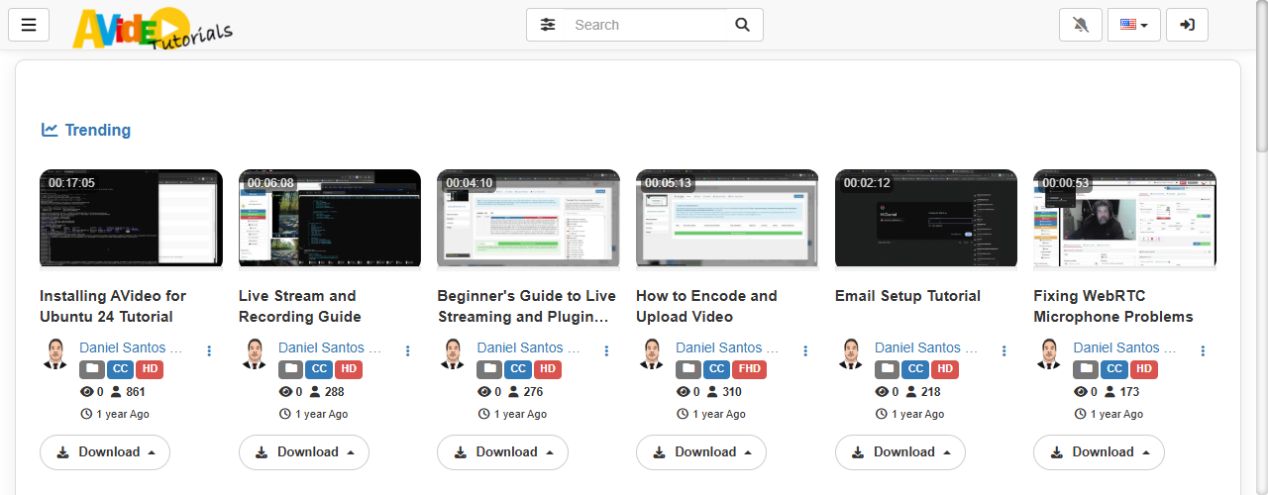 AVideo community edition interface from the official repository assets AVideo self-hosted video platform admin and channel layout