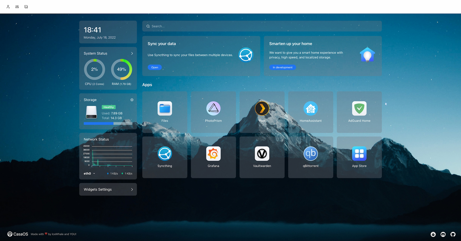 CasaOS provides a clean, modern web interface for managing apps, files, and storage CasaOS Dashboard