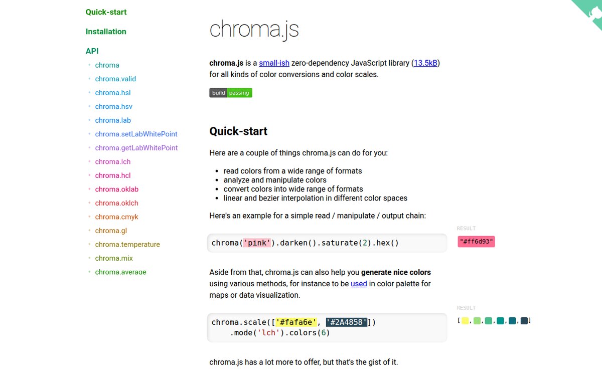 chroma.js API documentation, showing its wide color-space support Official chroma.js API documentation showing its color-space coverage