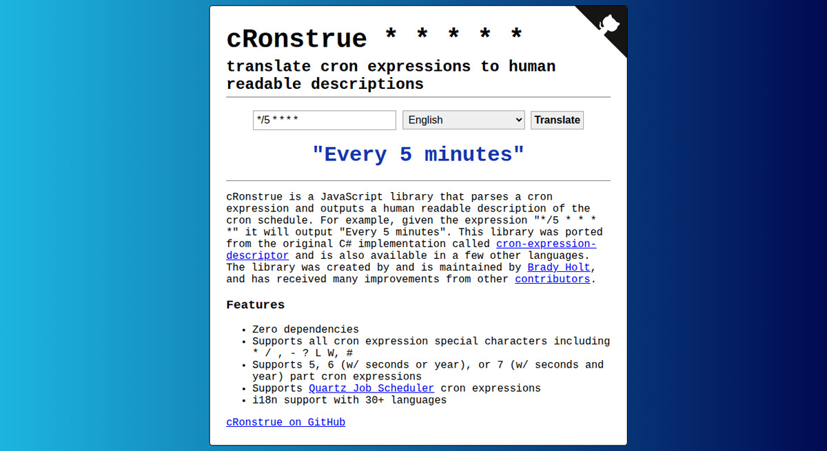 cRonstrue demo translating */5 * * * * to &ldquo;Every 5 minutes&rdquo;
