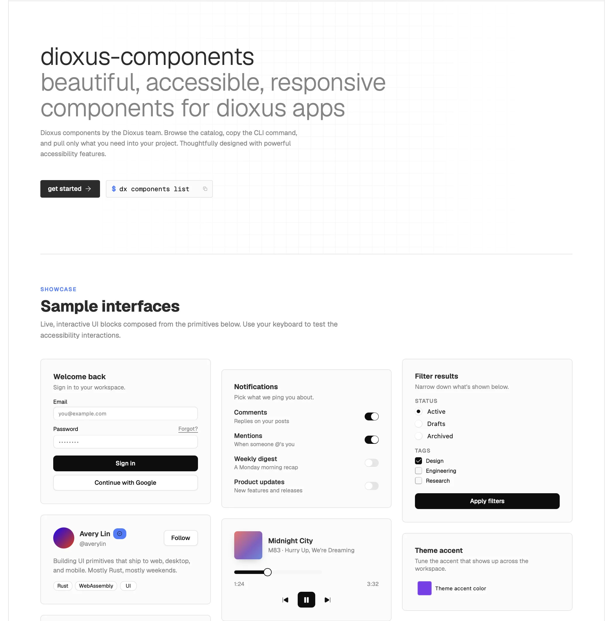 Official Dioxus components showcase rendered in the browser Dioxus UI components