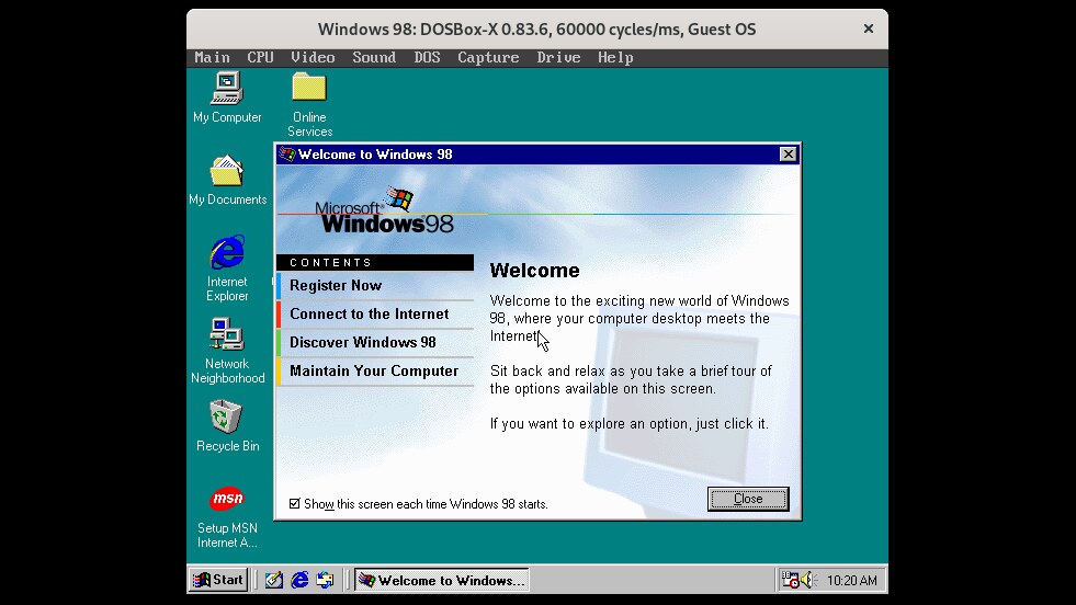 Windows 98 SE running in DOSBox-X, from the project's official screenshot set Windows 98 SE running inside DOSBox-X