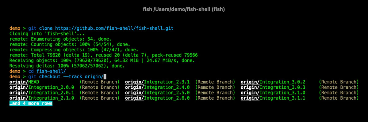 Fish shell showing autosuggestions, syntax highlighting, and the friendly interactive experience Fish shell autosuggestions and syntax highlighting