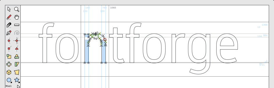 FontForge's outline editing window with selected Bézier points on a glyph FontForge glyph outline editor