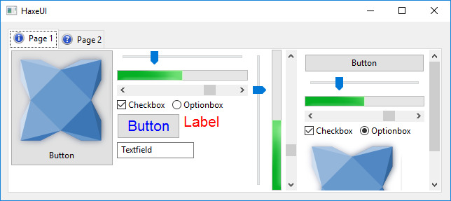 HaxeUI component gallery running on the native hxwidgets desktop backend HaxeUI desktop widgets rendered through the hxwidgets backend