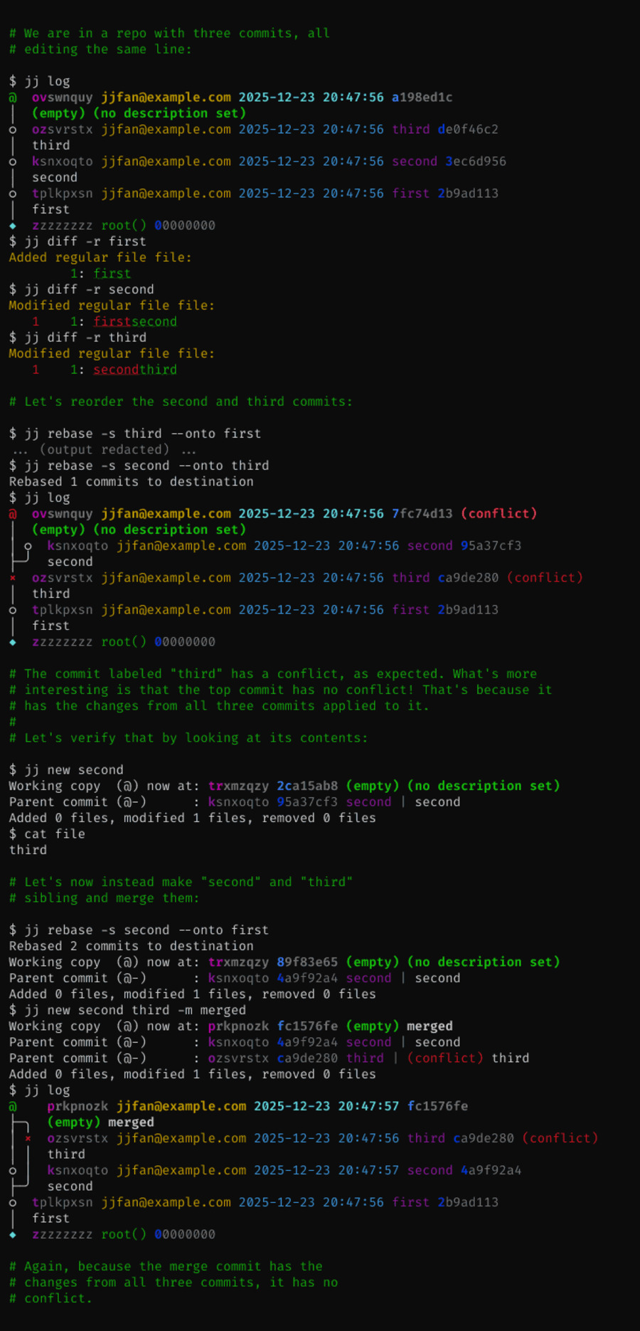 Handling conflicts with Jujutsu, official repository demo Jujutsu conflict handling demo from the official repository