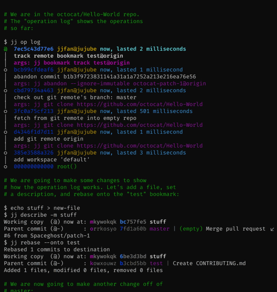 Jujutsu (jj) operation log and rebase demo, official repository Jujutsu operation log demo from the official jj repository showing jj op log, jj describe, and jj rebase