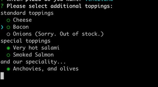 JLine's ConsoleUI provides checkbox, choice and confirmation prompts on top of the terminal abstraction JLine ConsoleUI rendering an interactive checkbox prompt