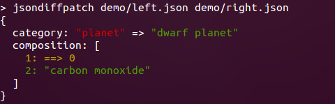 jsondiffpatch console output showing a coloured delta between two JSON files
