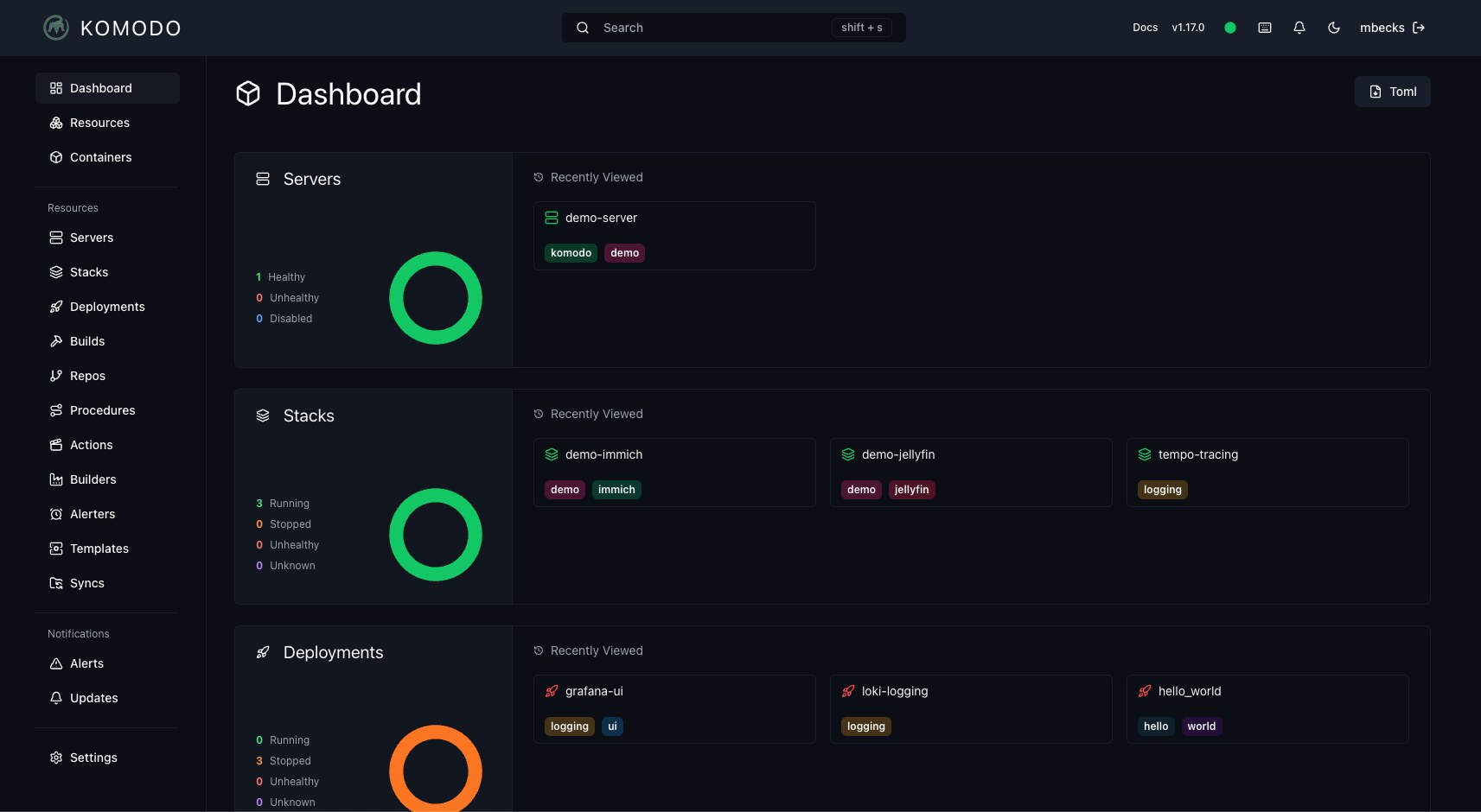 Komodo dashboard showing server resources, containers and stacks