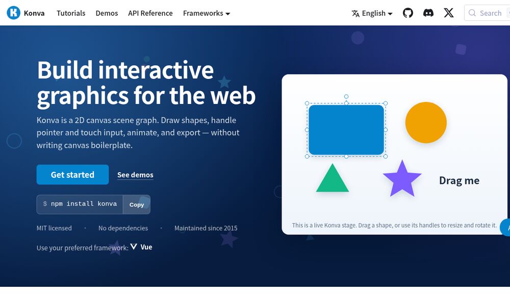 Official Konva design editor demo: select, resize, rotate, and export objects on an HTML5 canvas Konva design editor demo