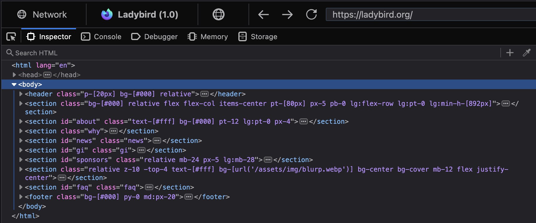 Ladybird DevTools DOM inspector showing the element tree and computed styles