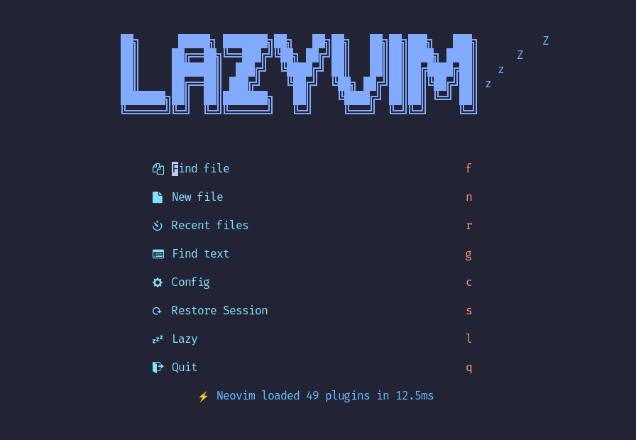 LazyVim starter configuration with dashboard, statusline and which-key hints LazyVim with its dashboard and statusline loaded