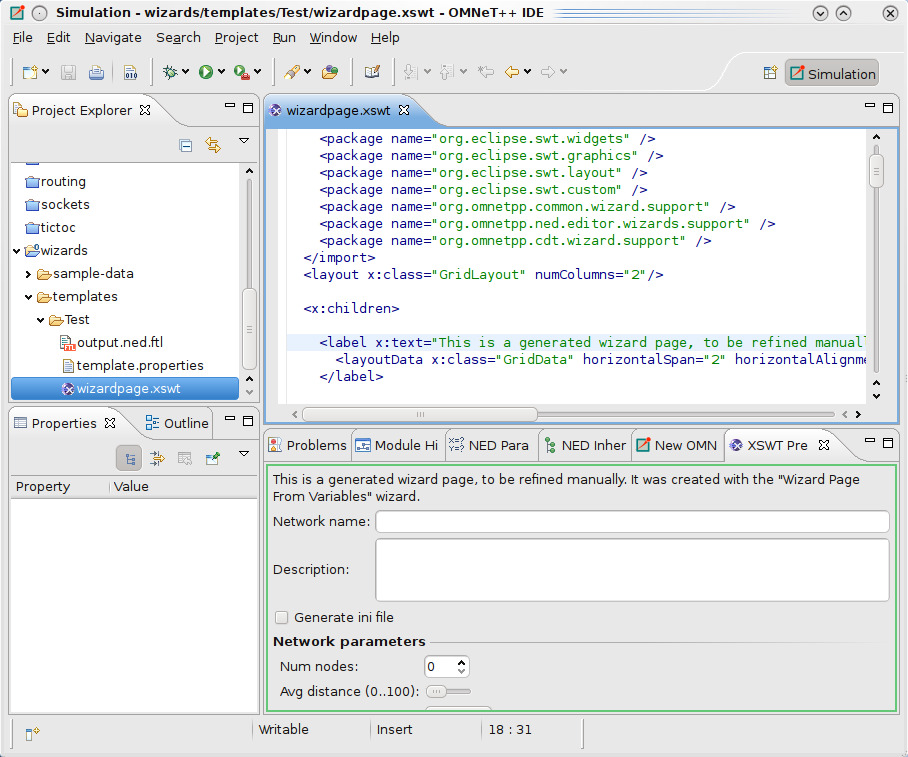 OMNeT++ IDE — components, parameters and the NED topology editor OMNeT++ IDE with a simulation model open