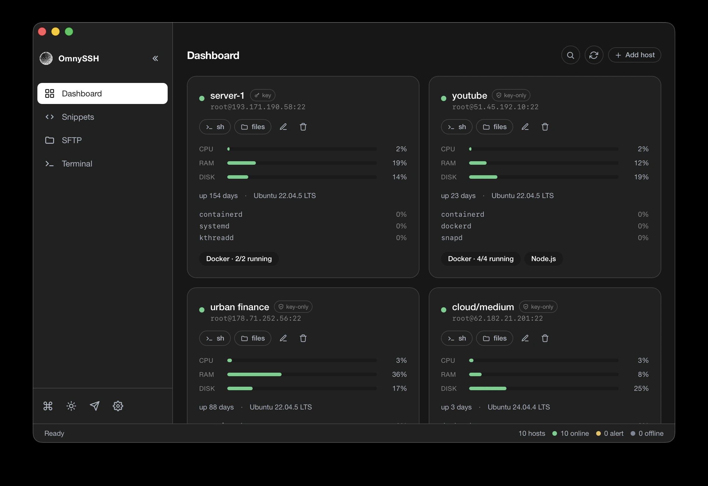 OmnySSH desktop host grid OmnySSH host grid with per-server CPU, RAM and disk health