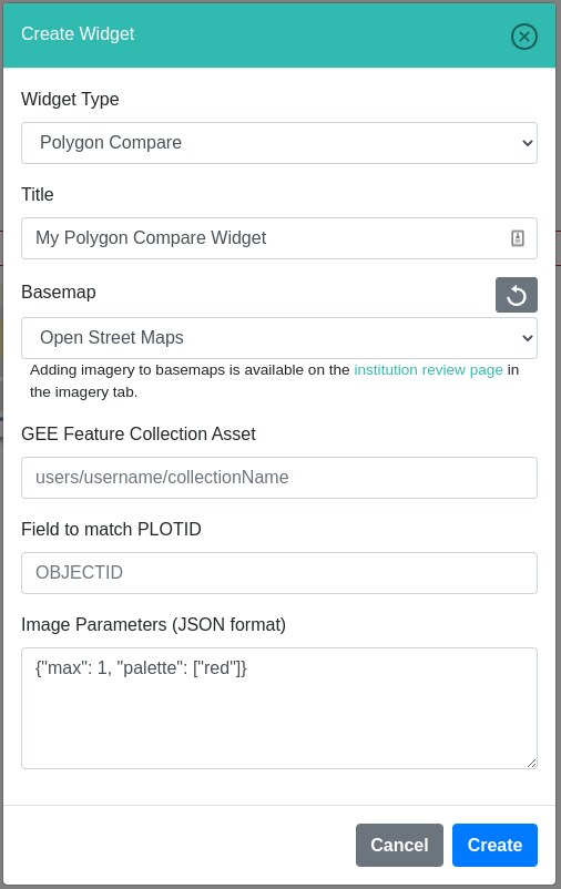 Collect Earth Online widget configuration — real product interface from the official repository Collect Earth Online widget configuration screen