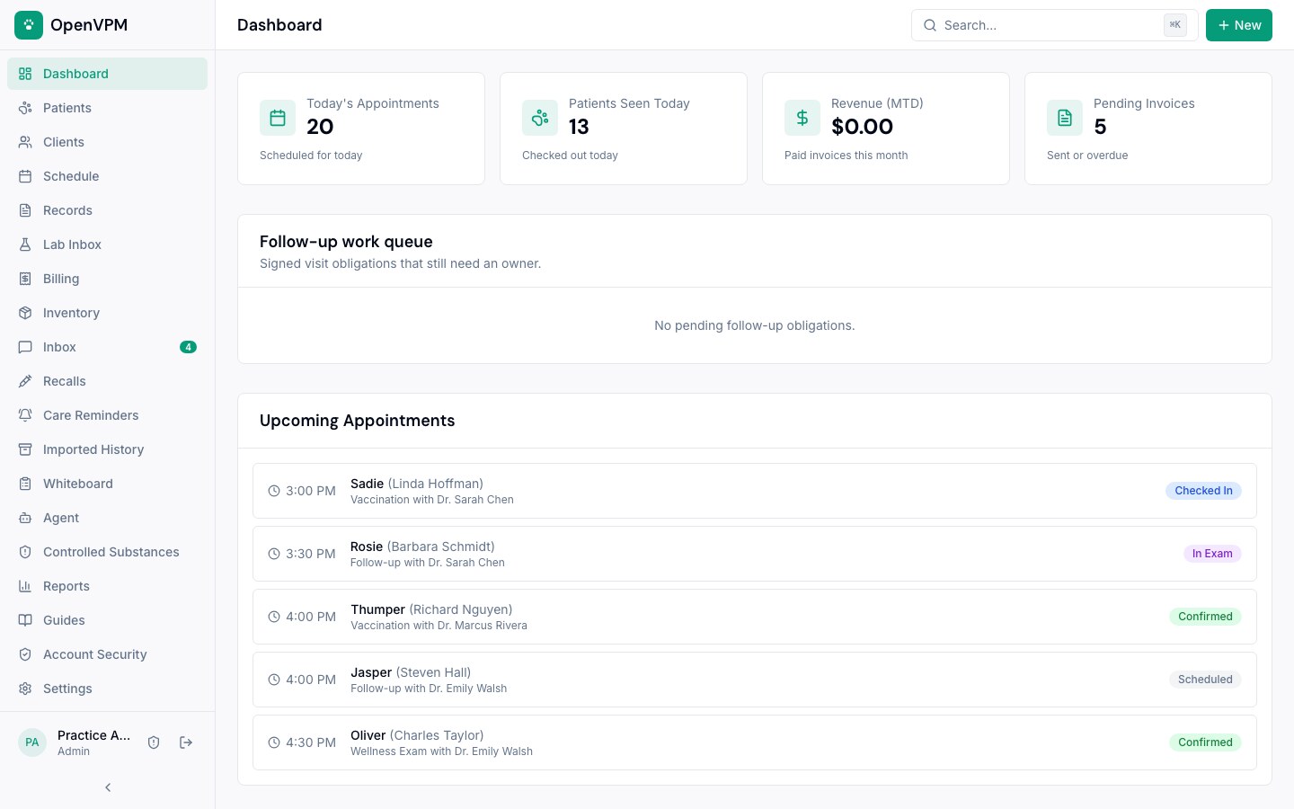 OpenVPM veterinary PIMS dashboard OpenVPM clinic dashboard with metrics, follow-up queue, and upcoming appointments