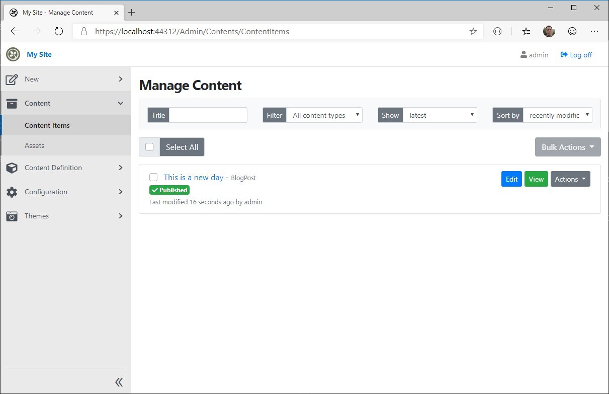 OrchardCore admin listing content items after a decoupled CMS setup OrchardCore admin content items view