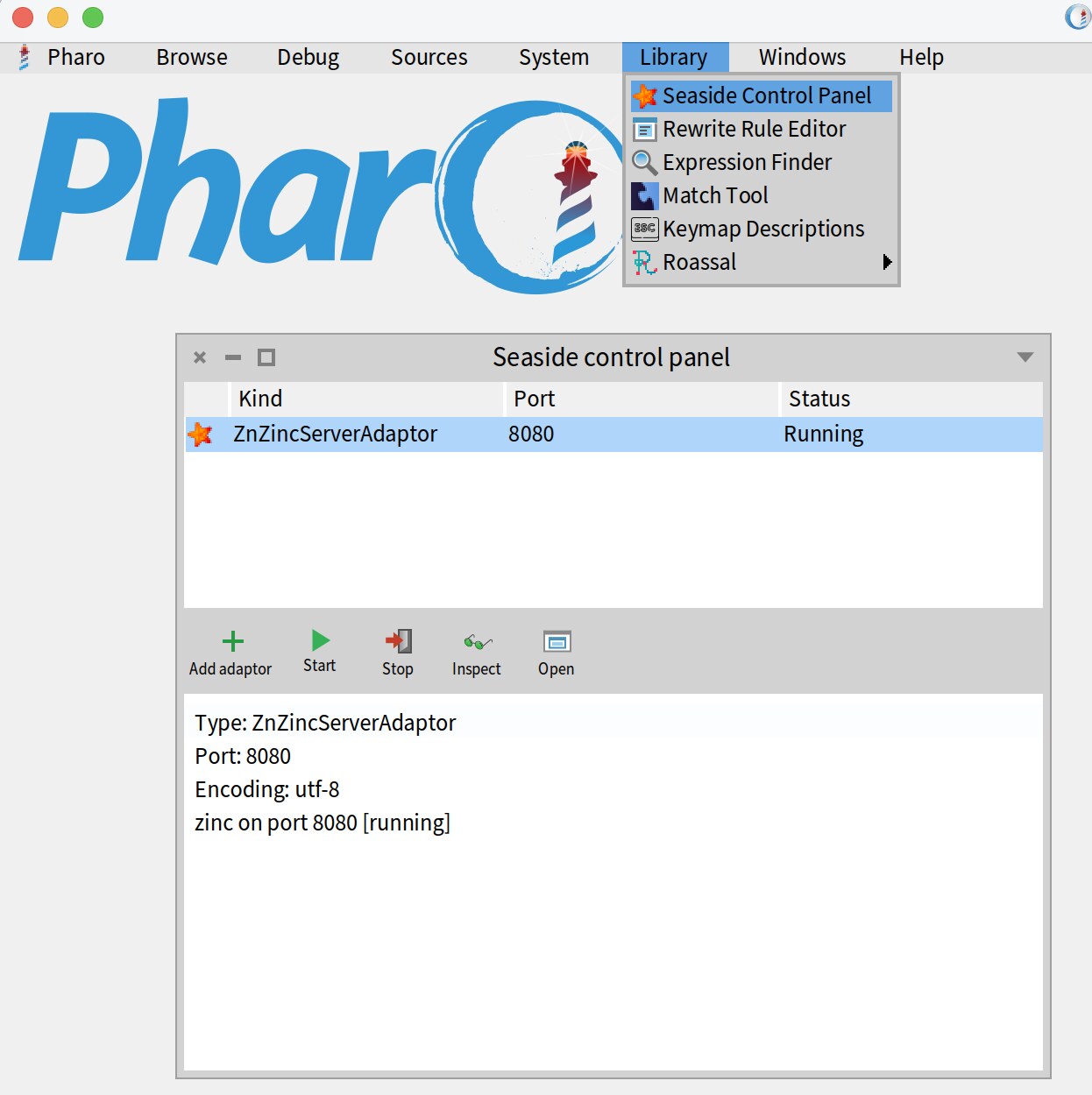 Seaside control panel running in Pharo