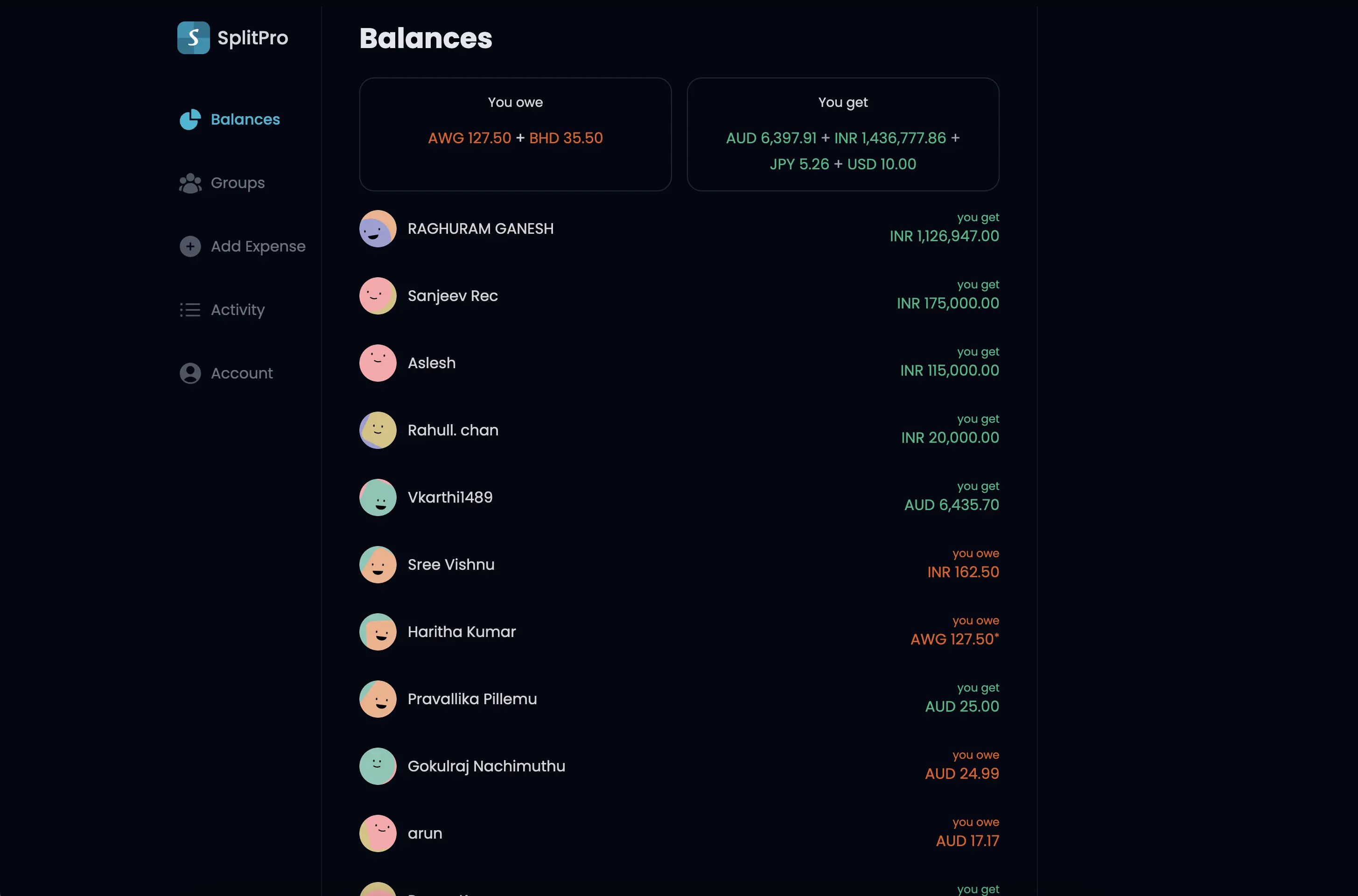 SplitPro dashboard with group balances and recent expenses