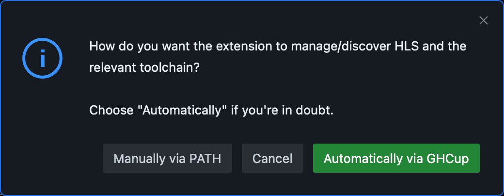The toolchain discovery prompt shipped in the Haskell tooling: choose the GHCup-managed toolchain or point at binaries already on PATH Haskell toolchain discovery prompt from the Stack documentation