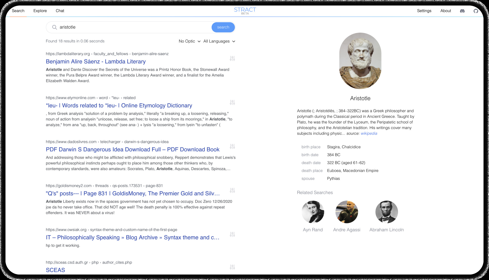 Stract web search results showing sidebar and advanced query syntax Stract search results page with sidebar and query controls