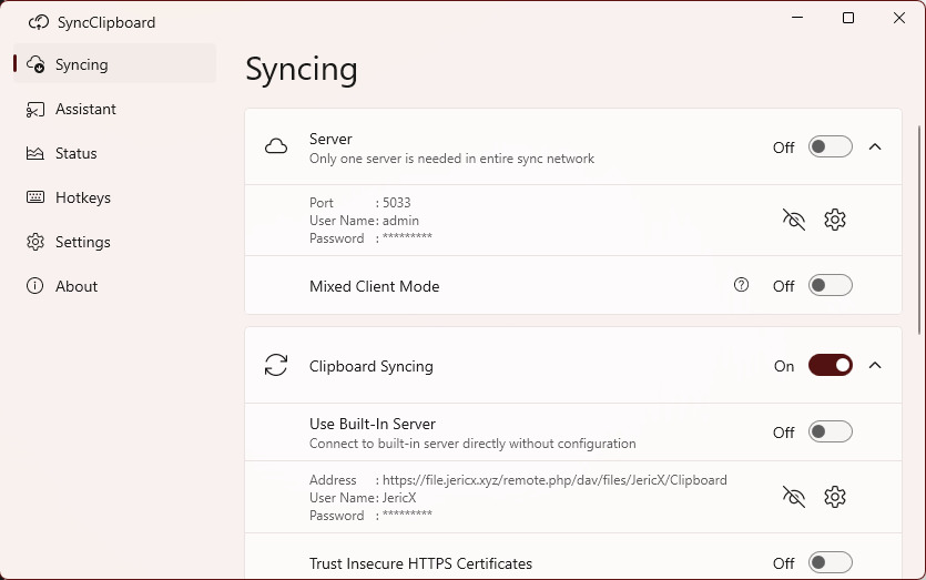 SyncClipboard desktop client — clipboard history and sync settings SyncClipboard desktop client showing clipboard history and server configuration