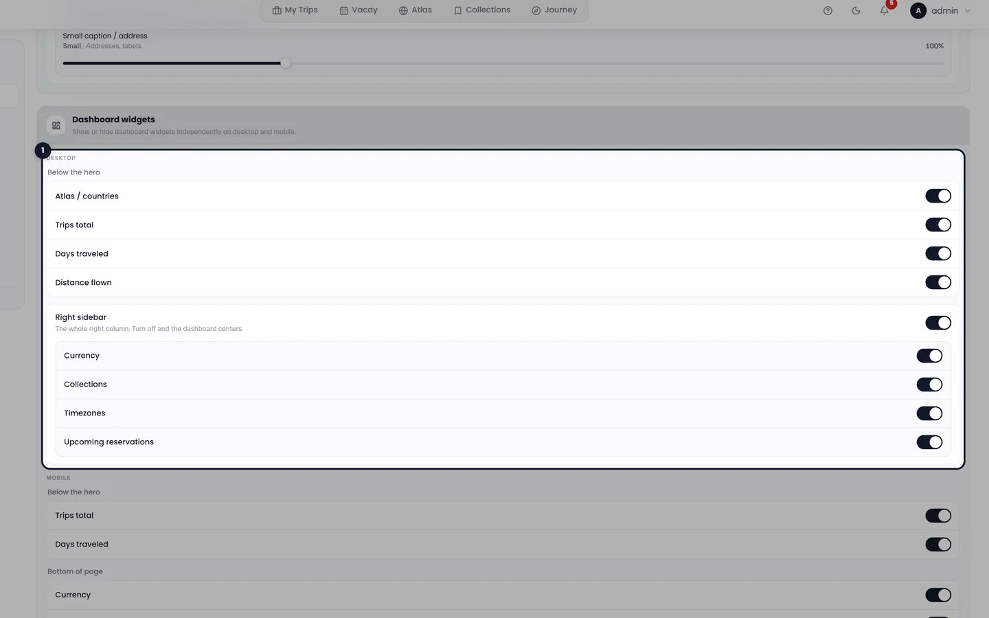 TREK dashboard widgets configuration screen
