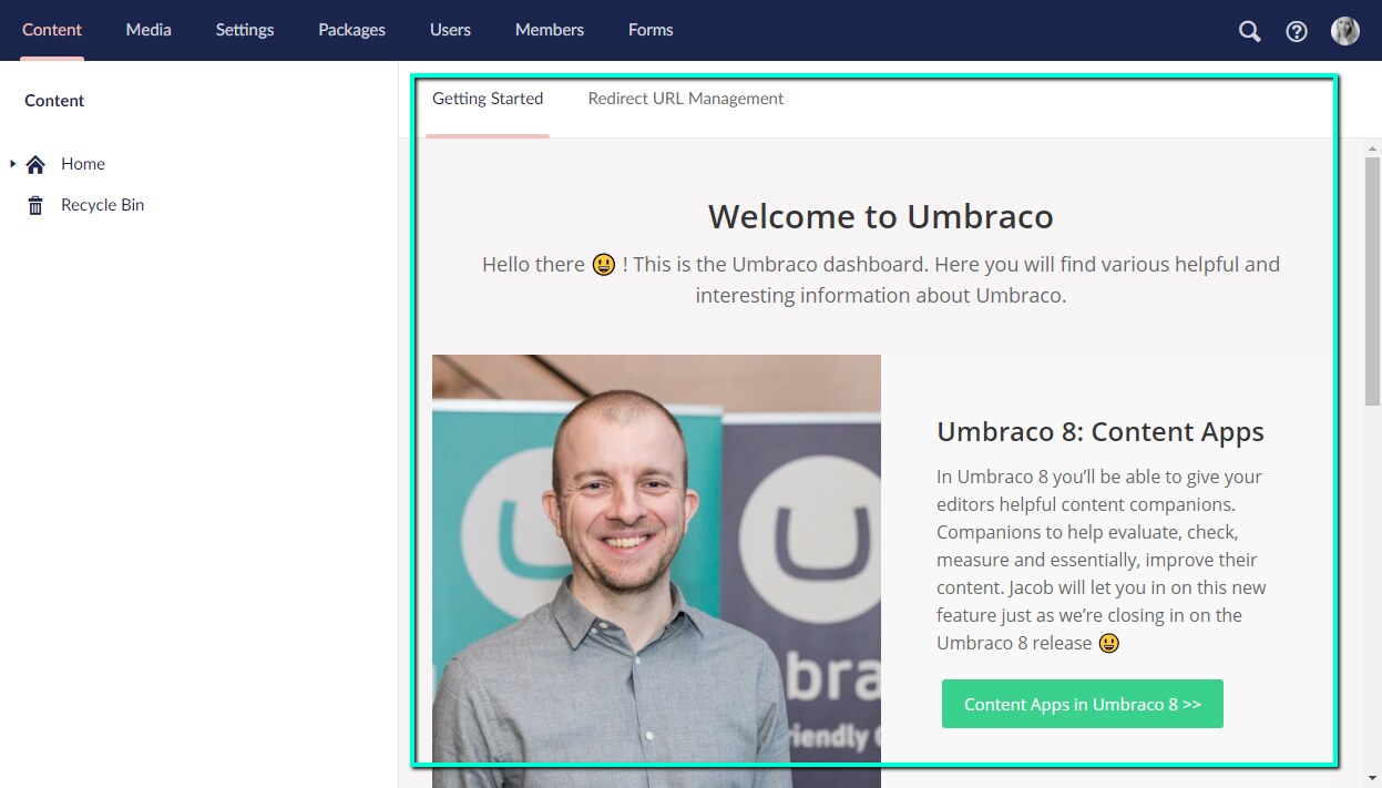 Umbraco 18 backoffice dashboard with content and health checks Umbraco backoffice dashboard