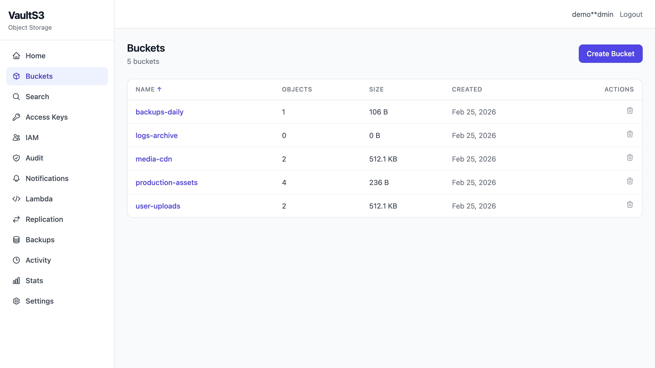 VaultS3 bucket dashboard VaultS3 dashboard showing buckets