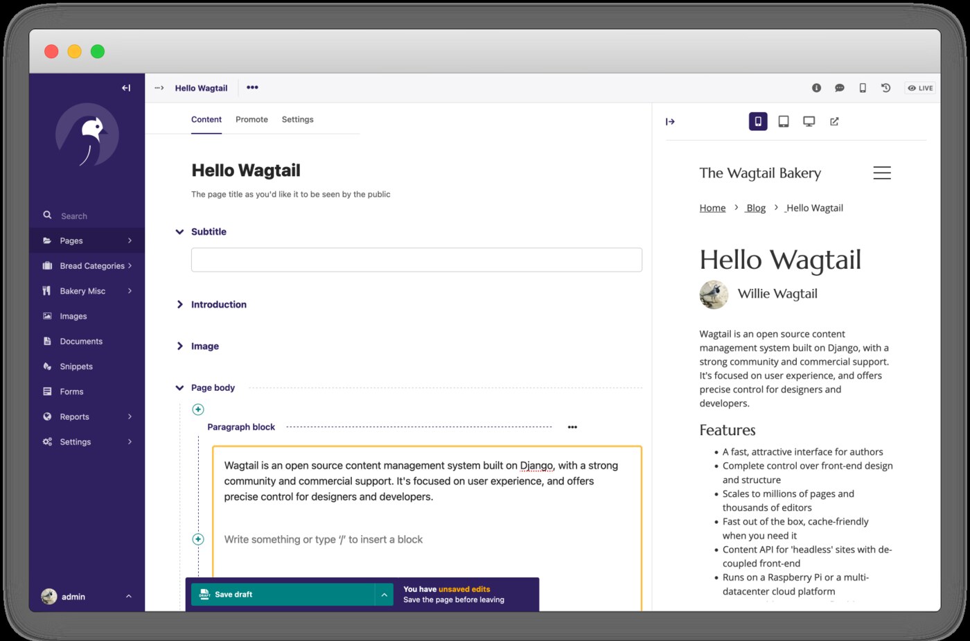 Wagtail's page editing interface — the admin UI that makes it the default choice for digital publications Wagtail admin interface