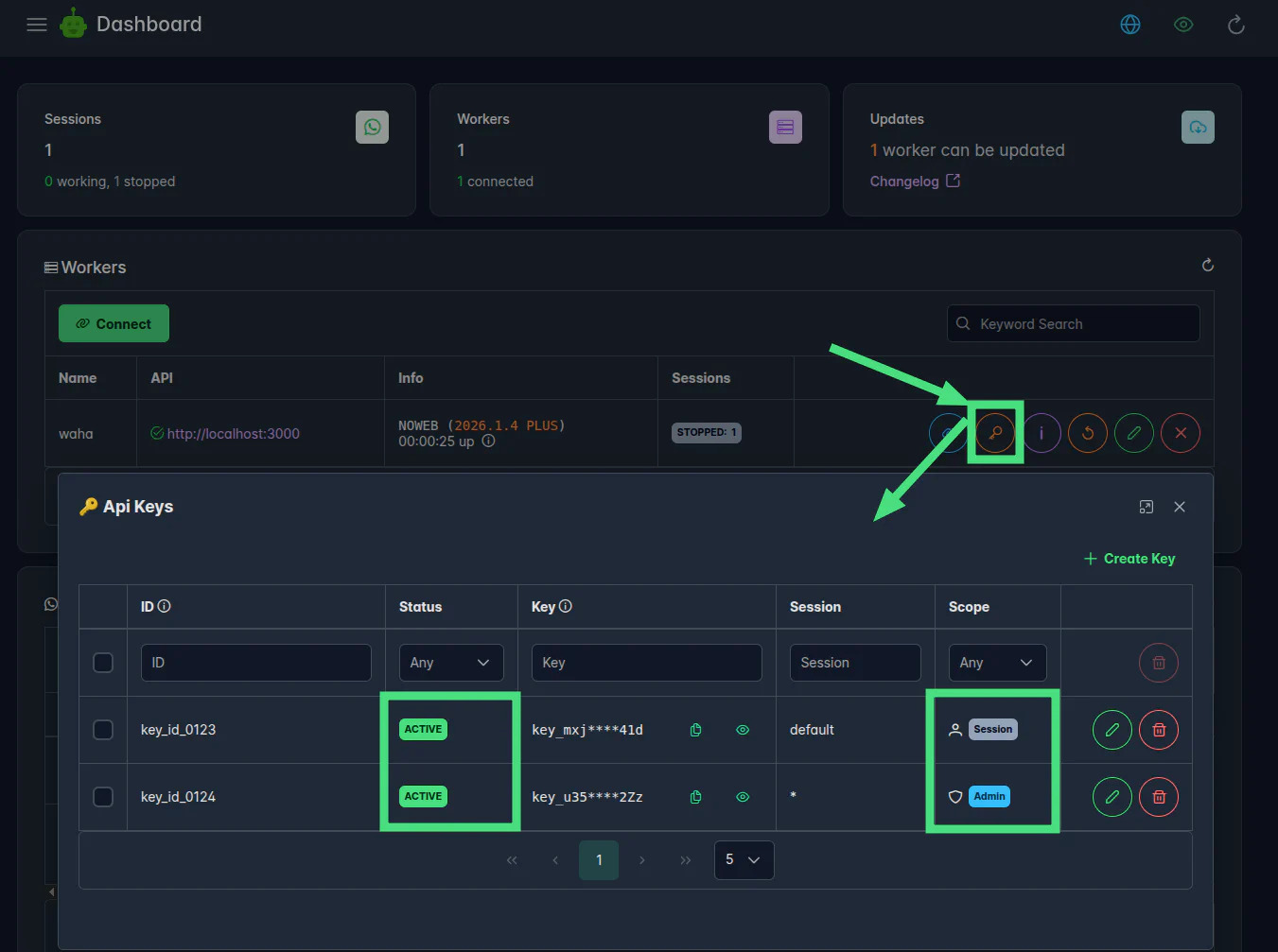 WAHA dashboard API key management screen