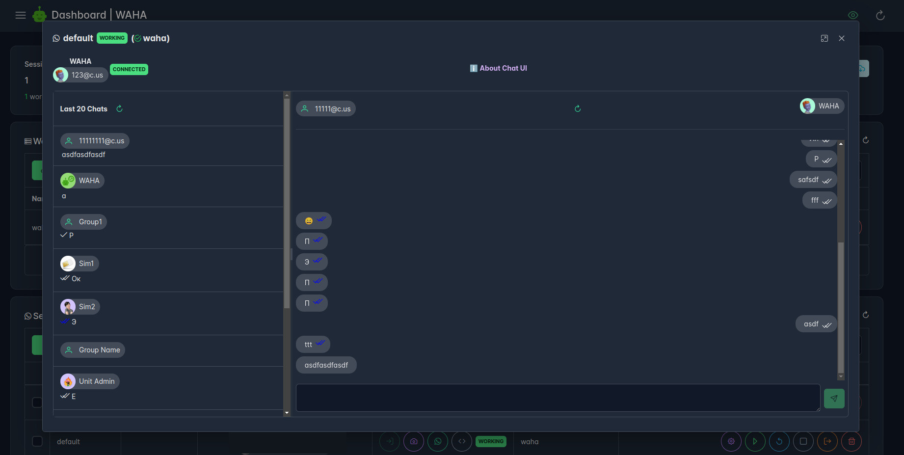 WAHA dashboard chat interface with session list and message thread