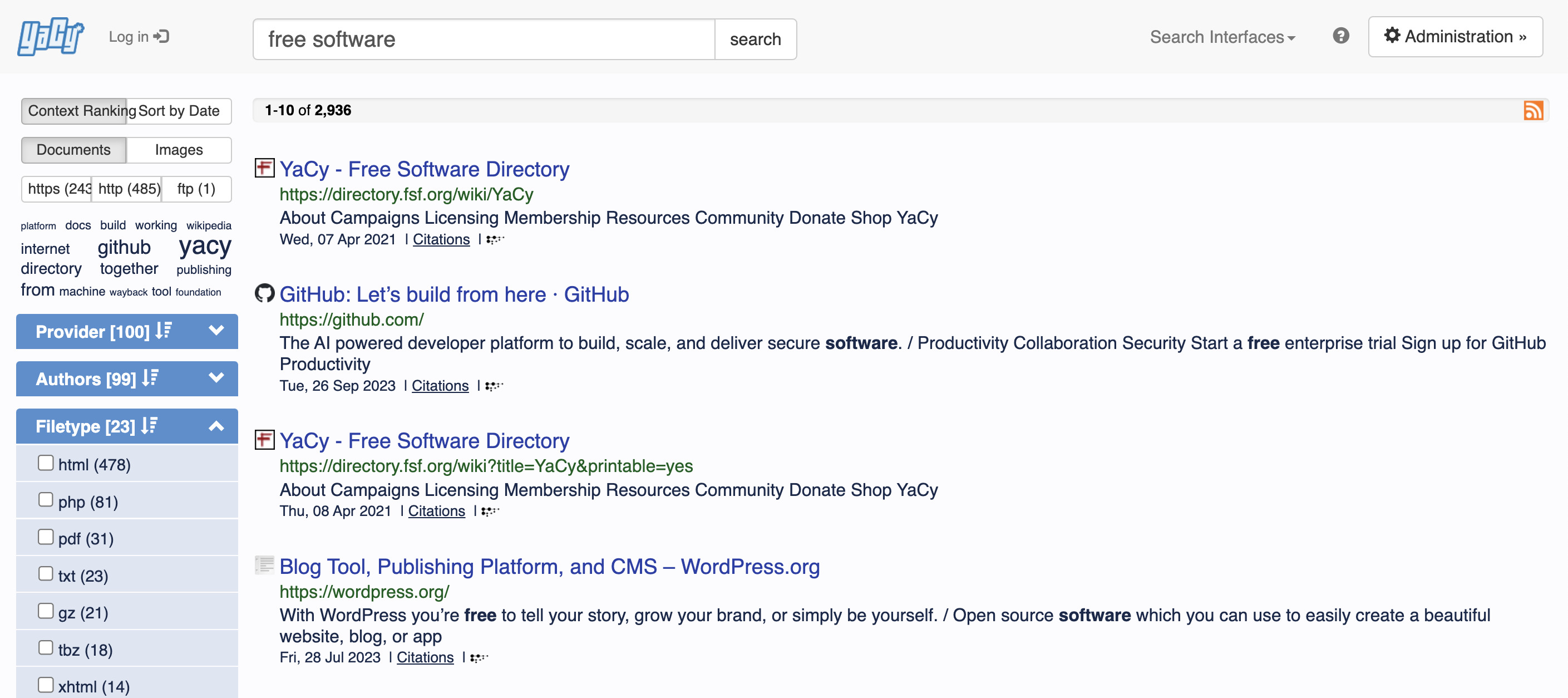 YaCy web search results page showing ranking configuration controls YaCy web search interface with result ranking controls