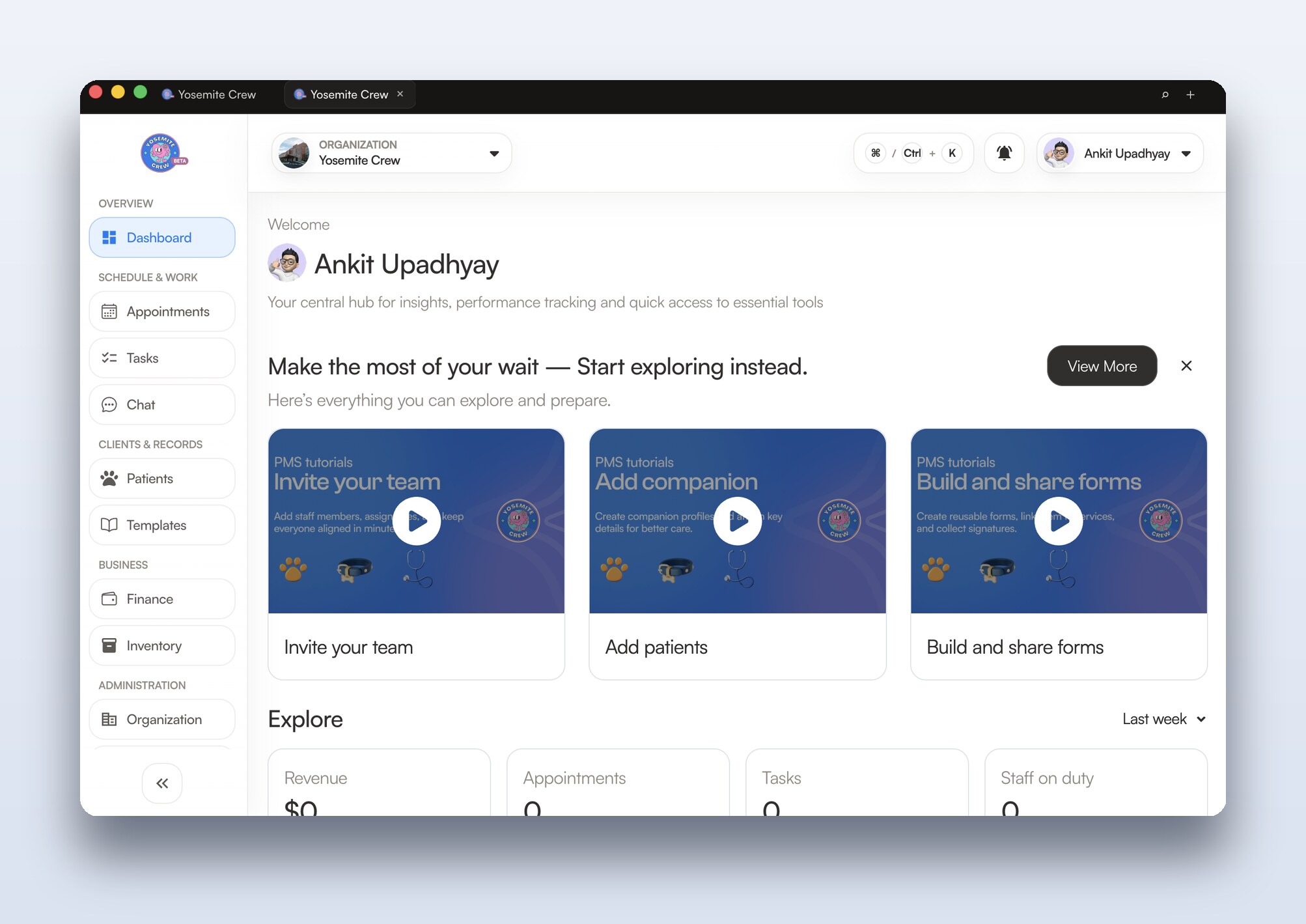 Yosemite Crew desktop PIMS dashboard Yosemite Crew desktop application dashboard — official project screenshot