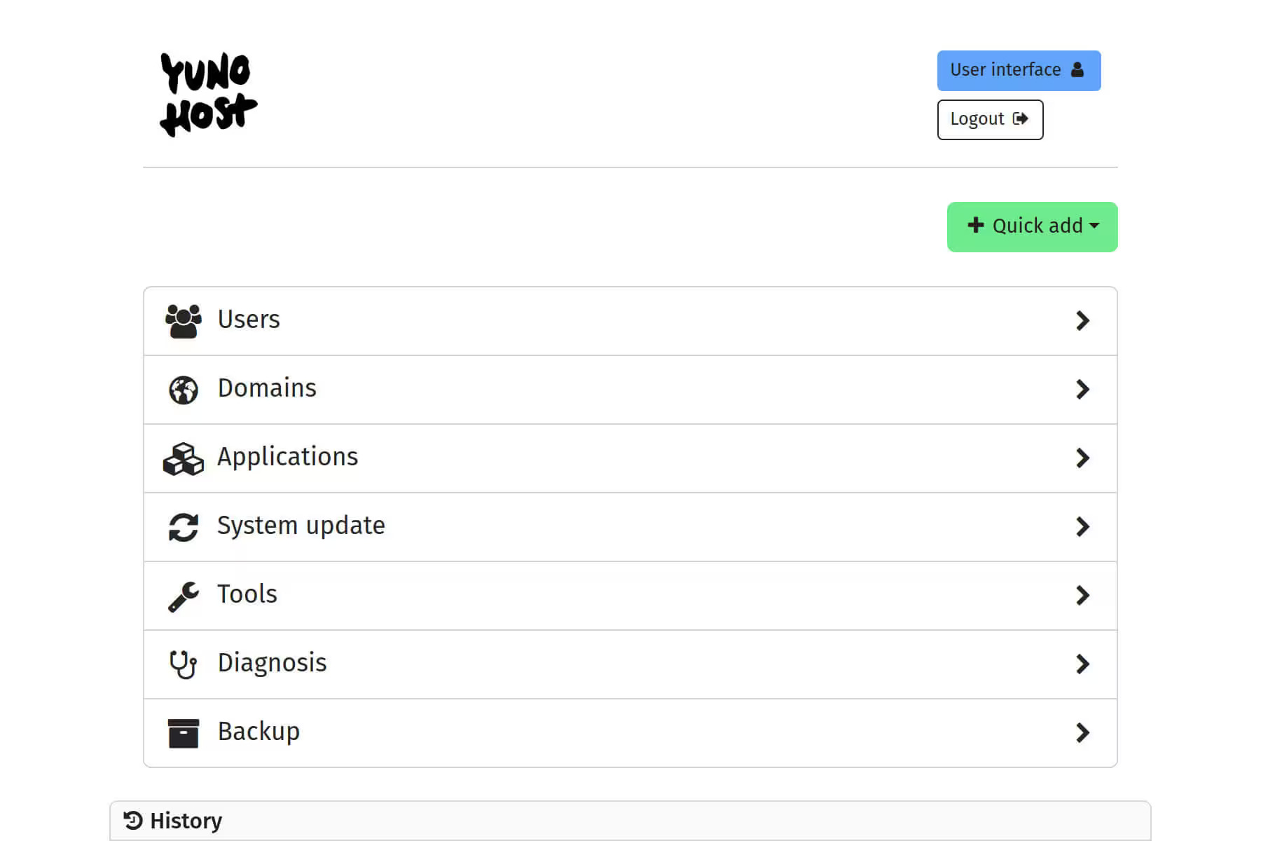 YunoHost's web admin panel provides centralized management for users, domains, apps, and services YunoHost Admin Panel