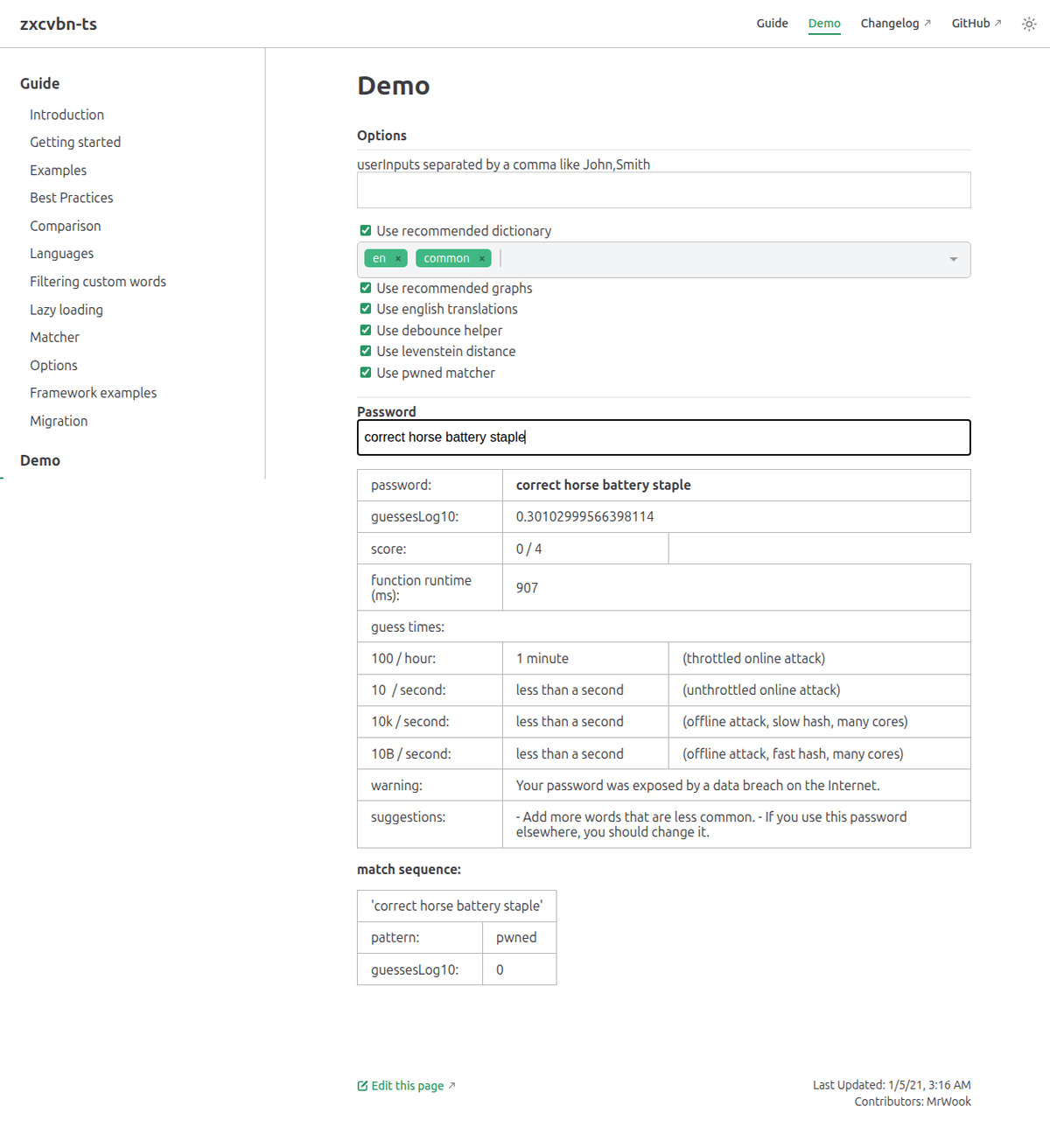 zxcvbn-ts demo: the pwned matcher recognises a breached passphrase and collapses the score zxcvbn-ts demo showing a password scored 0 out of 4 by the pwned matcher